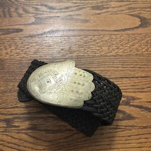 Black leather braided belt with silver hand buckle